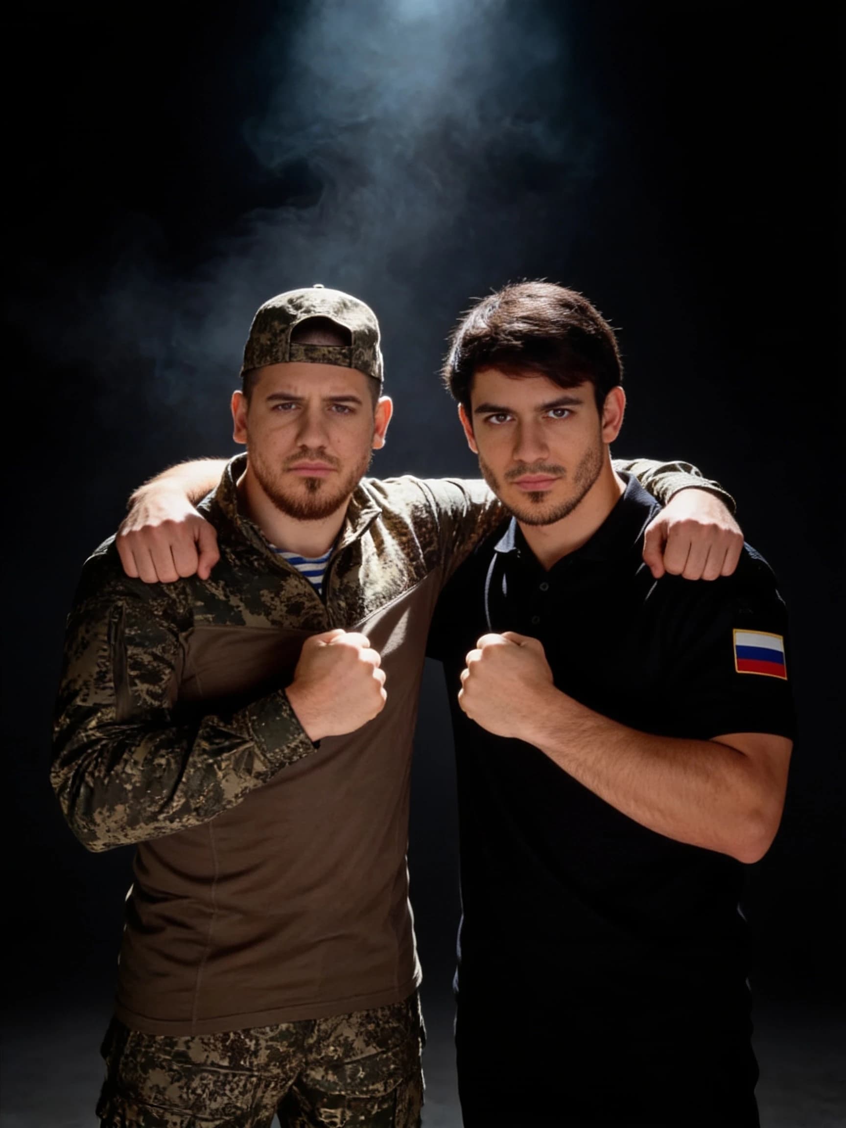 Two people standing side by side in a symmetrical composition, facing the camera with a direct and intense gaze. They are embracing each other by placing one arm over each other's shoulders in a gesture of solidarity. Simultaneously, each person holds a tightly clenched fist in front of their chest with their other hand. Cinematic portrait photography, dramatic chiaroscuro lighting with strong highlights and deep shadows to emphasize muscle tension and facial expressions. Hyper-realistic textures, detailed skin pores, and expressive eyes. The background is a dark, moody, atmospheric studio setting with subtle volumetric smoke. High contrast, epic and powerful mood, 8k resolution, shot on 85mm lens, sharp focus, masterpiece quality.