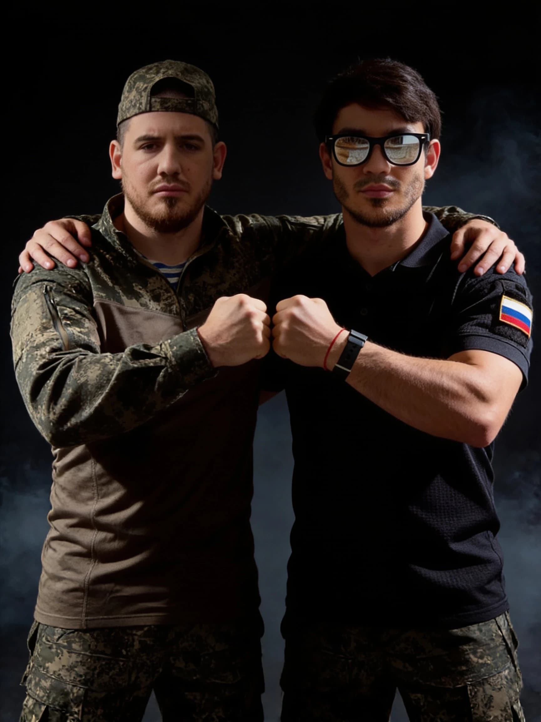 Two people standing side by side in a symmetrical composition, facing the camera with a direct and intense gaze. They are embracing each other by placing one arm over each other's shoulders in a gesture of solidarity. Simultaneously, each person holds a tightly clenched fist in front of their chest with their other hand. Cinematic portrait photography, dramatic chiaroscuro lighting with strong highlights and deep shadows to emphasize muscle tension and facial expressions. Hyper-realistic textures, detailed skin pores, and expressive eyes. The background is a dark, moody, atmospheric studio setting with subtle volumetric smoke. High contrast, epic and powerful mood, 8k resolution, shot on 85mm lens, sharp focus, masterpiece quality.