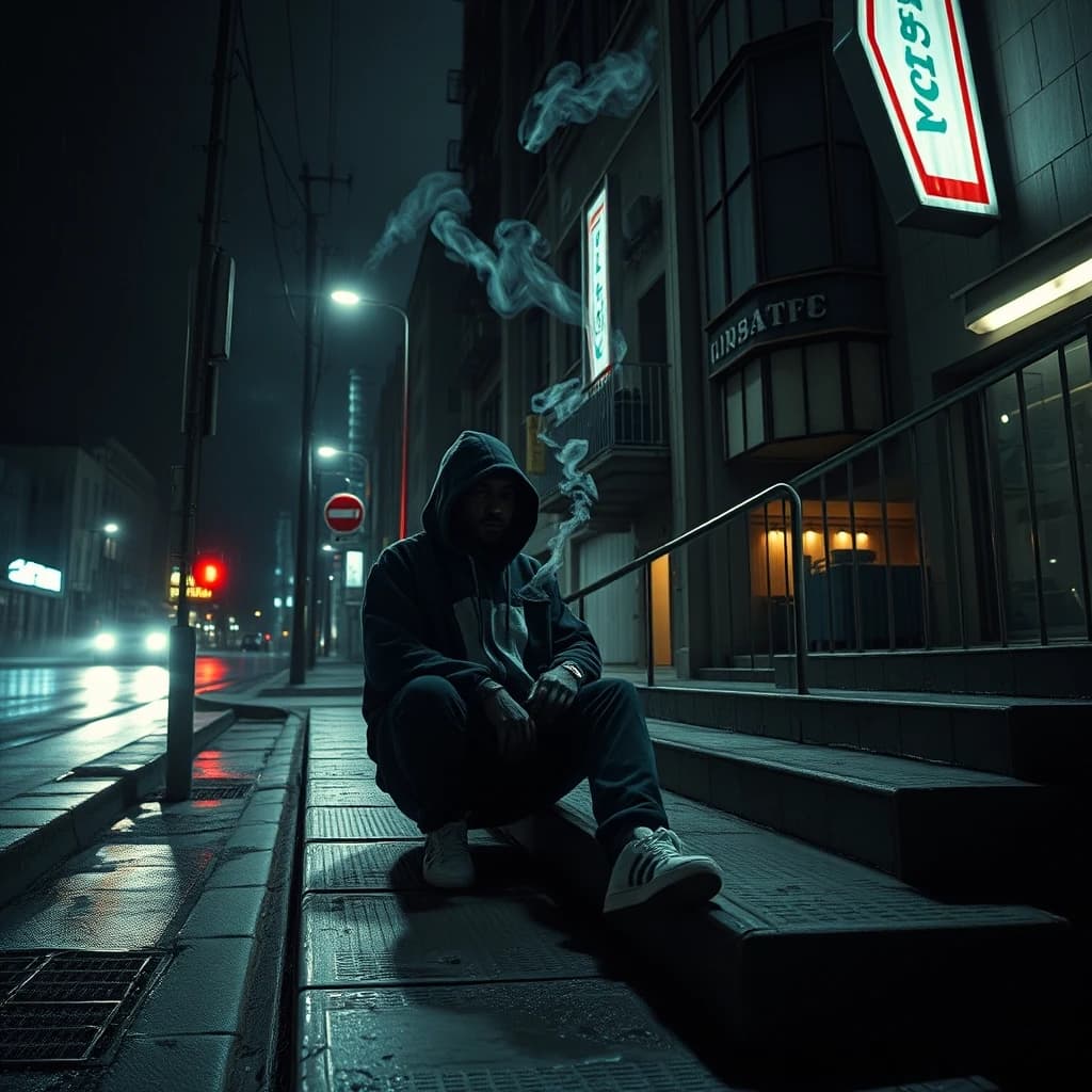 Dark melancholic urban night, empty streets after rain, cold neon lights flickering, lonely rapper in oversized hoodie sitting on concrete stairs, cigarette smoke dissolving into memories, cracked mirrors reflecting past mistakes, abandoned buildings, emotional heaviness, isolation, inner pain, hip-hop aesthetic, cinematic lighting, muted colors, high realism, deep shadows.