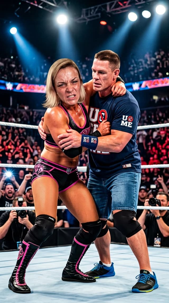 Cinematic hyper-realistic action shot, wide angle, professional wrestling match in a crowded arena. A woman in professional wrestling gear is engaged in an intense grappling struggle with John Cena inside a brightly lit wrestling ring. The woman's face remains exactly as provided, maintaining her precise facial features, skin tone, and proportions. John Cena is depicted with accurate body scaling, muscular physique, and realistic skin texture. High-tension combat pose, sweat glistening on skin under intense arena spotlights, motion blur in the background crowd to emphasize action. Shot on 35mm lens, f/2.8, sharp focus on the fighters, dramatic volumetric lighting, cinematic color grading, raw photography style, 8k resolution, highly detailed textures of the ring canvas and wrestling attire, no artificial blending, authentic sports broadcast aesthetic.