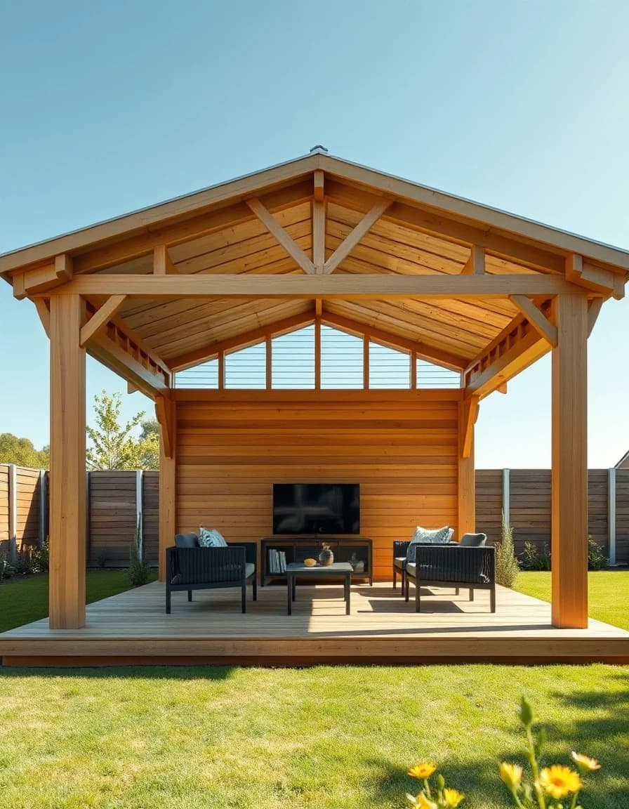 Vertical architectural photography of a luxury modern outdoor gazebo backyard pavilion. Flat roof, open timber construction, light oak wood posts and beams. Built on a premium wide wooden terrace deck. Minimalist patio furniture set inside the pavilion. Sunny summer day, soft shadows, manicured lawn around, ultra-detailed architectural presentation.
