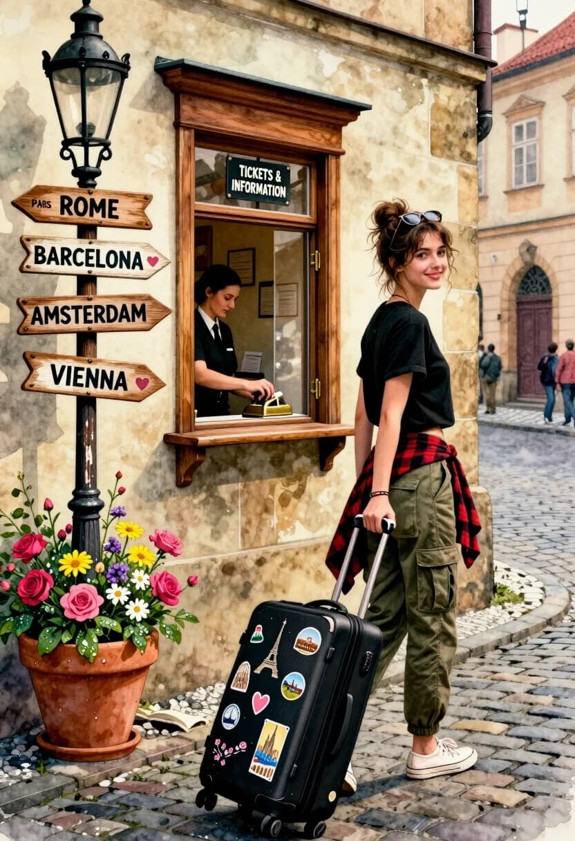 Photorealistic cinematic still, 8K resolution, ultra-detailed, rendered in a hyper-realistic style with a subtle mixed-media overlay: watercolor washes at the edges and sky, while all figures, textures, and foreground objects retain hard photographic detail and subsurface scattering.
Composition: wide-angle shot from a low perspective on a cobblestone street in a European city, slightly angled to create dynamic leading lines. Center-right: young woman walking away from the viewer but turning her head over her shoulder with a warm, inviting smile. She has messy bun-style hair with loose wisps framing her face; sunglasses are perched atop her head. She wears a cropped black t-shirt, olive-green cargo pants with multiple pockets, white canvas sneakers with textured soles, and a red-and-black plaid flannel tied around her waist. Her left wrist has a thin leather bracelet and a small watch. She pulls a black hard-shell rolling suitcase with four wheels; the suitcase is covered in travel stickers: Eiffel Tower (Paris), Colosseum (Rome), Sagrada Família (Barcelona), windmill (Amsterdam), Prague Castle, St. Stephen’s (Vienna), London Eye, and decorative floral and heart motifs. Each sticker shows slight wear, curled edges, and micro-dust accumulation.
Left foreground: vintage wooden directional signpost with multiple arrow-shaped boards pointing in different directions; each board reads a city name in a rustic serif font: “PARIS”, “ROME”, “BARCELONA”, “AMSTERDAM”, “PRAGUE”, “VIENNA”; small hand-painted hearts accent some boards. The post is dark-stained wood with visible grain and chipped paint; beside it stands a black wrought-iron street lamp with a glass globe and intricate scrollwork. At the base of the post: a large terracotta planter overflowing with mixed flowers—deep pink roses, yellow daisies, white baby’s breath, and purple statice—with visible dewdrops on petals and leaves.
Center-left, integrated into the stone wall of a building: ticket office window with a polished oak frame, brass hinges, and a small transom above; the lower sash is half-open, revealing a uniformed cashier inside—partially visible, mid-gesture, holding a ticket and a brass ticket puncher. Above the window, a small black enamel sign reads “TICKETS & INFORMATION” in white uppercase letters. The glass pane shows faint reflections of the street and subtle condensation patterns. To the right of the ticket window, a small brass plaque with the station name “EUROPEAN CROSSROADS STATION” and the year “1928”.
Background: layered cityscape with iconic landmarks. Dominating the left-center background: Eiffel Tower in wrought iron detail, with rivets, lattice structure, and subtle weathering. To the right: Florence Cathedral dome with terracotta tiles, ribbed structure, and lantern; further right, a glimpse of Big Ben’s clock face showing 10:10. Behind them, a range of snow-capped mountains under a partly cloudy sky with soft cumulus formations.
Right side: charming street café with wrought-iron balcony above, spilling with trailing ivy and potted geraniums. Hanging from the building: a round vintage-style sign reading “Café de Flore” in elegant script on a dark background with gold trim. Below, outdoor seating with woven cane chairs and small round tables; one table holds a white ceramic espresso cup, a small plate with a croissant, and a folded newspaper corner.
Midground: vintage red compact car (resembling a Fiat 500) parked at the curb, with chrome bumpers, whitewall tires, and a slightly dusty windshield. Behind it, a row of pastel-colored townhouses with shuttered windows, flower boxes, and tiled roofs.
Street details: cobblestones with irregular shapes, moss growing in the crevices, and wet patches reflecting ambient light. Small debris—a discarded ticket stub, a fallen flower petal, a tiny brass button—adds realism.
Lighting: warm golden hour sunlight from the upper left, casting long, soft shadows; highlights glint on metal, glass, and wet stone. Cooler fill light from the sky creates balanced contrast; subtle lens flare near the top left corner.
Atmosphere: vibrant, joyful, and nostalgic, evoking the romance of European travel. The composition balances the central figure with rich background detail, while the ticket window grounds the scene in a specific moment—the start of a journey.
Focus: sharp on the woman, suitcase, and ticket window; gentle depth-of-field blur on distant buildings and background figures. Realistic material textures: matte stone, glossy paint, brushed brass, woven fabric, and weathered wood.
Camera settings: 35mm equivalent lens, f/2.8, ISO 400, slight motion blur on the woman’s hair and fabric to suggest a gentle breeze, shallow depth of field to emphasize narrative elements.
Style: photorealism with a curated mixed-media aesthetic—every object grounded in historical and cultural accuracy for a classic European travel theme, rendered with maximum texture, lighting realism, and emotional warmth.