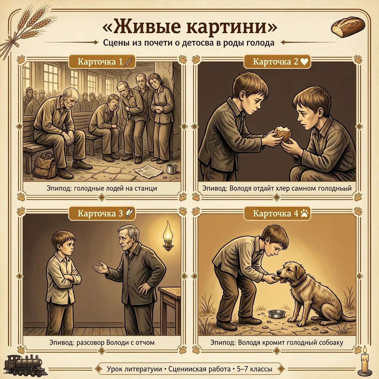 🎭 Карточка 1
Эпизод: голодающие люди на станции
Задание: Создайте «живую картину» данного эпизода. Передайте происходящее только с помощью поз, мимики и расположения участников. Не используйте слова.
🎭 Карточка 2
Эпизод: Володя отдаёт хлеб самому голодному
Задание: Создайте «живую картину» данного эпизода. Передайте происходящее только с помощью поз, мимики и расположения участников. Не используйте слова.
🎭 Карточка 3
Эпизод: разговор Володи с отцом
Задание: Создайте «живую картину» данного эпизода. Передайте происходящее только с помощью поз, мимики и расположения участников. Не используйте слова.
🎭 Карточка 4
Эпизод: Володя кормит голодную собаку
Задание: Создайте «живую картину» данного эпизода. Передайте происходящее только с помощью поз, мимики и расположения участников. Не используйте слова.
создай на одном листе красивые карточки для урока литературы