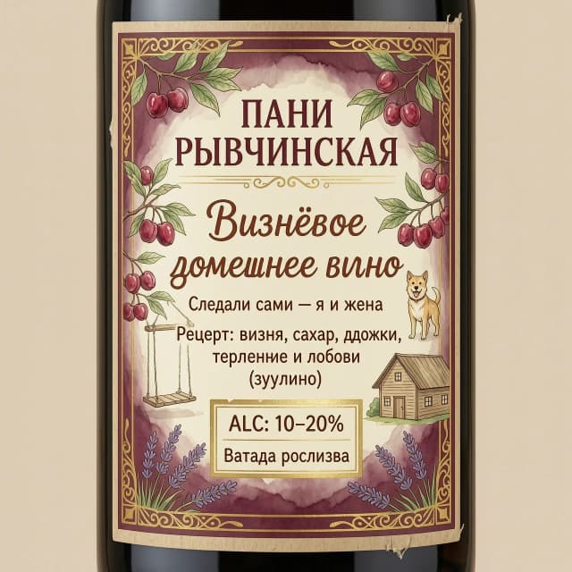 "Этикетка для бутылки из‑под водки, вертикальная 8×12 см, винтажная, сочетание французской элегантности и русской деревенской наивности. Фон — текстура крафт‑бумаги с мягкой виньеткой; цветовая гамма — глубокий вишнёвый, кремовый, золотые акценты. Иллюстрация — акварельные ветки вишни с ягодами, небольшие рукотворные детали: качели, довольная собака с мема и силуэт деревенского дома, лаванда/флер-де‑лис в бордюре. Рамка — тонкая орнаментальная золотая, слегка потёртая, имитация тиснения. Текст: крупно вверху — ПАНИ РЫБЧИНСКАЯ (элегантный serif, французский стиль), под ним кириллицей: "Вишнёвое домашнее вино" (рукописный, тёплый). Подстрочник: "Сделали сами — я и жена" (небольшим шрифтом, душевно, без грубых/неприличных фраз). Забавная строка‑рецепт: "Рецепт: вишня, сахар, дрожжи, терпение и любовь" (шутливо). Отдельное выделенное поле для алкоголя — прямоугольник, чтобы можно было вырезать, с надписью: "ALC: 10–20%". Оставить место для даты розлива. Стиль: реалистичная печатная этикетка, чёткие контуры, высокое разрешение, мягкое освещение, уютная, домашняя атмосфера. Примечание: без упоминаний 'частичка души', 'слюна' и прочих неприглядных образов."