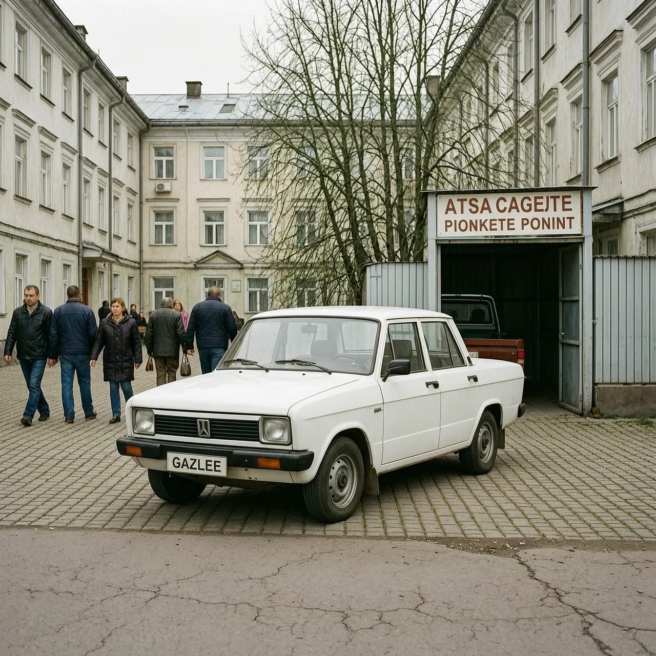 A white GAZelle drives through busy residential courtyard in Russia, parking near a pickup point entrance. Tracking shot from street level.