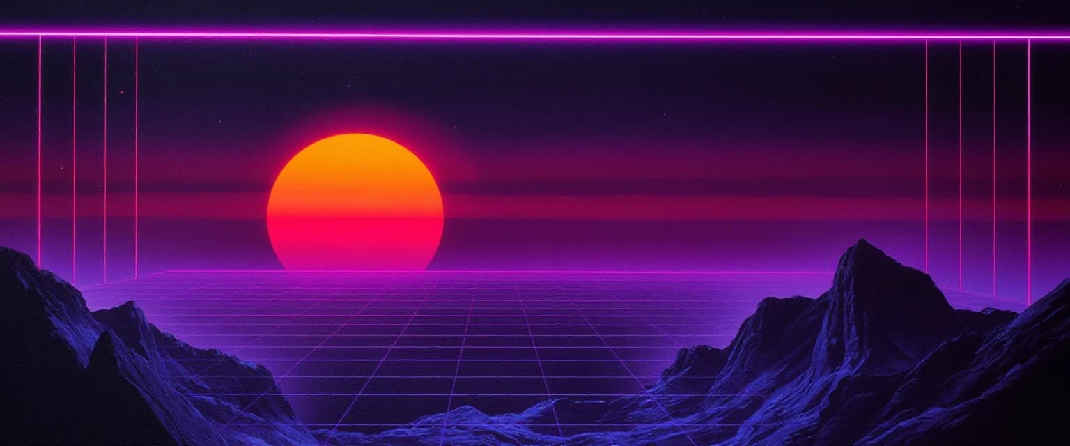 Synthwave retro gaming banner, neon purple and sunset orange wireframe grid horizon, 80s arcade gaming aesthetic, glowing digital lasers, pixel art particle effects on borders, minimal dark composition in the middle, vibrant neon glow, 8k --ar 16:9