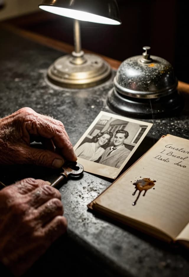 A hyper-realistic close-up of an old hotel reception desk. A weathered, trembling hand of an elderly man is placing a rusted, heavy iron key on the dusty counter. Beside the key lies a faded black-and-white photograph of a young couple from the 1950s, smiling in front of this very hotel. The reception bell is tarnished and covered in cobwebs, and the guest book is open to a page where the last entry is dated decades ago, with a smudge of ink like a tear had fallen on it. The lighting is a mix of gloomy shadows and a single, harsh overhead lamp, creating a stark, dramatic mood of loss and nostalgia. 8k resolution, extreme detail on skin wrinkles and aged paper.