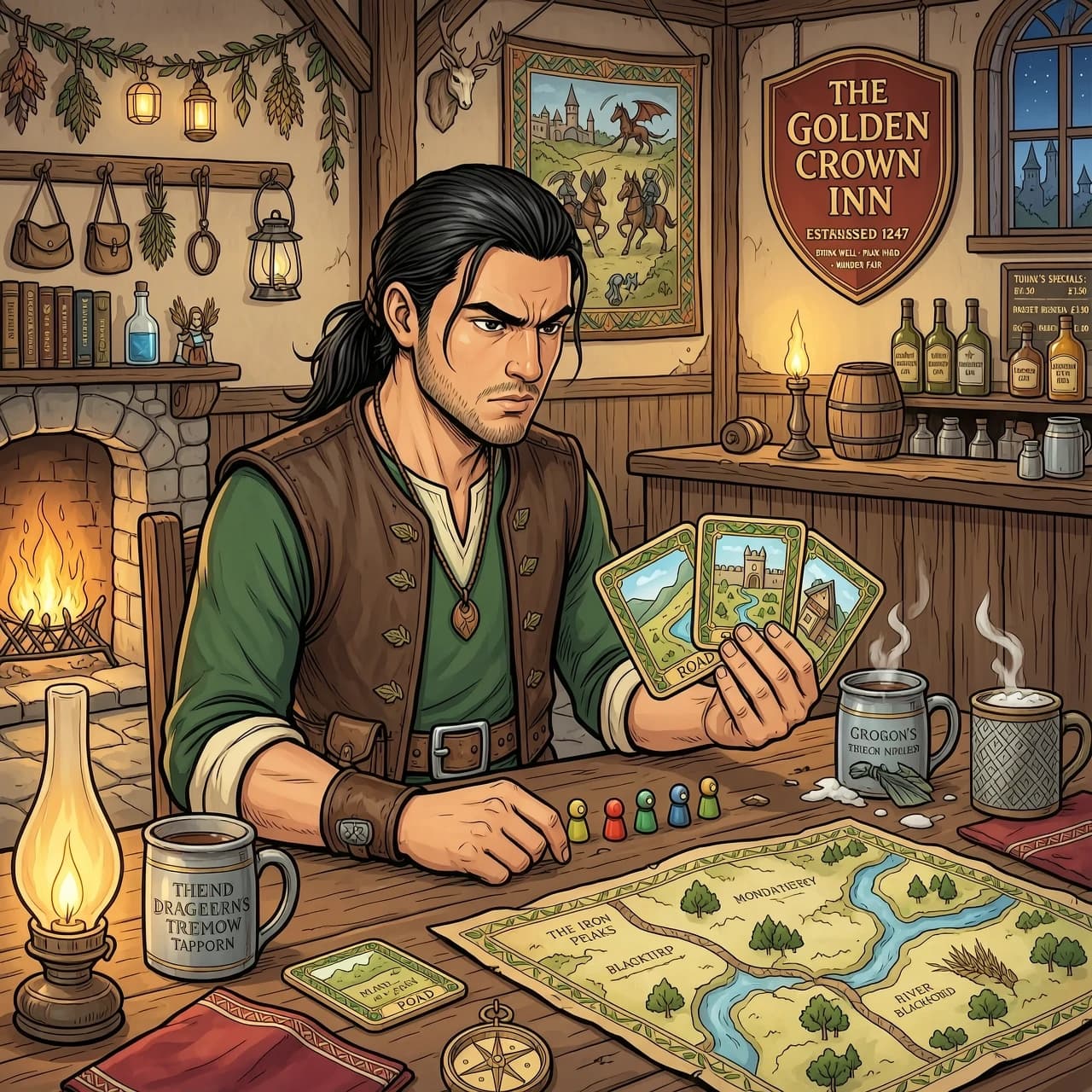 A medieval fantasy comic book illustration. A young man with long dark hair tied back in a ponytail is sitting at a wooden tavern table, looking intensely at board game cards in his hand. Cozy tavern background with wooden mugs and maps on the wall, Carcassonne board game art style, vibrant colors, highly detailed.