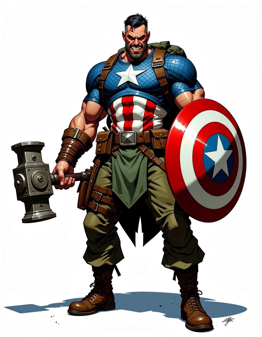 Full-body exaggerated caricature of a muscular patriotic soldier hero standing in a wide power pose, three-quarter front view with a slight low angle, gripping a large ornate war hammer in his right hand and a glossy round star-spangled shield in his left. He wears blue scale-mail with a white star and red-and-white striped torso, olive-green cargo pants, heavy brown combat boots, leather wrist wraps, multiple pouches and belts, and a rolled green backpack. Angry snarl, furrowed brows, exaggerated jawline, short dark hair, intense eyes. Highly detailed digital painting combining crisp comic-caricature linework with painterly rendering, rich saturated colors, strong rim and key lighting, glossy metal highlights on shield and hammer, realistic fabric and leather textures, subtle dirt and battle wear, soft grounded shadow on a clean white background, cinematic contrast, ultra-detailed, polished, dynamic and expressive.
