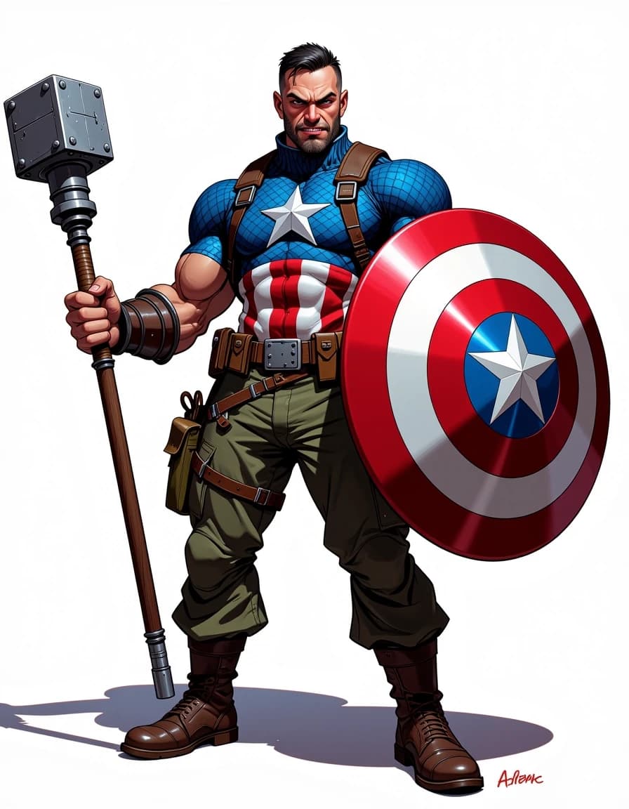 Full-body exaggerated caricature of a muscular patriotic soldier hero standing in a wide power pose, three-quarter front view with a slight low angle, gripping a large ornate war hammer in his right hand and a glossy round star-spangled shield in his left. He wears blue scale-mail with a white star and red-and-white striped torso, olive-green cargo pants, heavy brown combat boots, leather wrist wraps, multiple pouches and belts, and a rolled green backpack. Angry snarl, furrowed brows, exaggerated jawline, short dark hair, intense eyes. Highly detailed digital painting combining crisp comic-caricature linework with painterly rendering, rich saturated colors, strong rim and key lighting, glossy metal highlights on shield and hammer, realistic fabric and leather textures, subtle dirt and battle wear, soft grounded shadow on a clean white background, cinematic contrast, ultra-detailed, polished, dynamic and expressive.