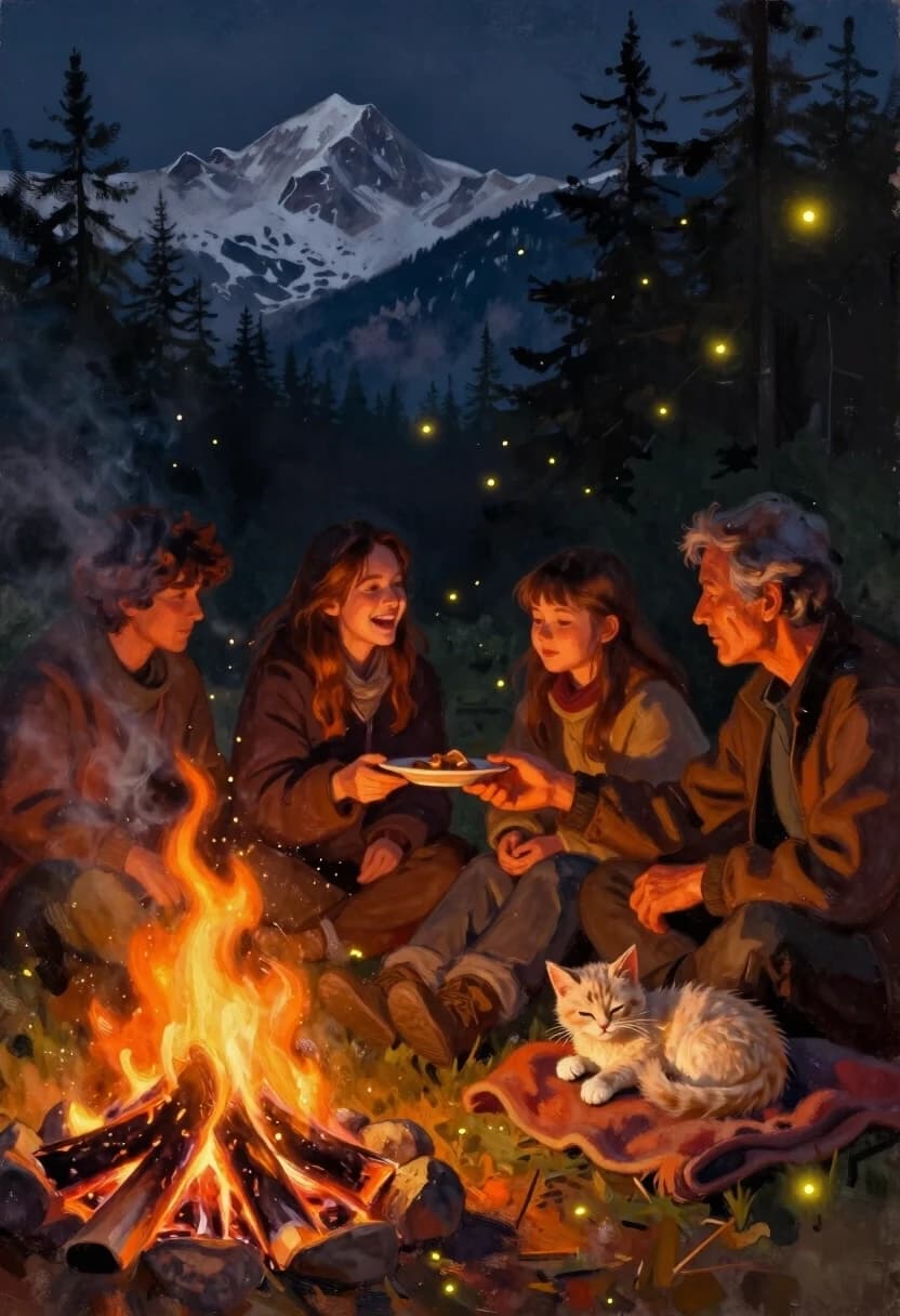 Digital painting style, oil and watercolor blend, visible brushstrokes, painterly texture. Cinematic composition with a diagonal fire at the bottom left corner, drawing the eye across the group. The campfire is the main light source: its glow is so strong it bleeds into the air as volumetric light, while the far side of the characters is deep shadow. The light wraps around their faces, highlighting noses, cheekbones, and eyes, while the backs of their heads and shoulders are pure silhouette.
The group is relaxed: one character is offering food to another; a girl is laughing, head tilted back; an older man is quietly watching the flames, his face calm. A tiny fluffy cream kitten is curled up on a folded blanket, half-asleep, one paw twitching as if dreaming of catching fireflies.
Background: deep perspective with snowy mountain peaks fading into blue mist. The middle ground is a dark pine forest; fireflies hover in the air, their glow soft and warm. Smoke from the fire curls upwards and blends with the night sky.
Color palette: warm orange, amber, and gold for the fire; deep navy, violet, and charcoal for the shadows; pale blue and silver for the distant snow; muted greens for the trees. Mood: quiet magic, warmth, safety, shared stories.
Technical: visible brushstroke texture, wet-on-wet blending; volumetric lighting with heavy falloff (light fades fast, so the distance is dark); strong rim and wraparound light from the fire; glowing particles for fireflies and sparks; soft focus on the background with sharp focus on faces and kitten; atmospheric haze for depth; heavy chiaroscuro to keep the contrast high.