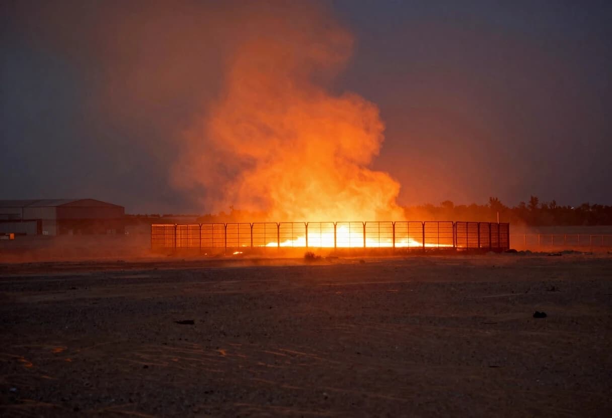 A vast, empty desert plain stretching into the distance under a hazy, dusty sky. In the background, a tall metal grid fence glows against a bright fiery light source behind it, as if lava is flowing just beyond the fence, casting a dramatic orange glow over the horizon. On the left edge of the image, almost lost in the darkness and dust, the vague silhouette of a huge industrial warehouse is barely visible. The scene feels hot, desolate, and slightly menacing. Photorealistic, dramatic lighting, wide cinematic angle.