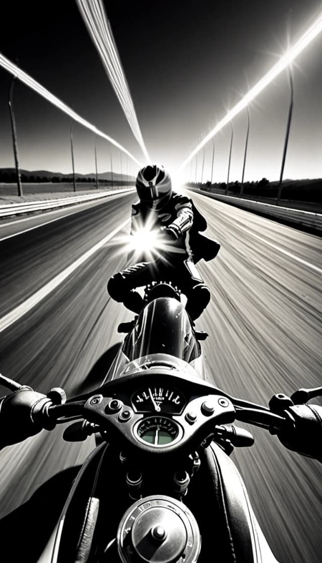 A striking black-and-white, high-speed shot of a motorcyclist on a racetrack; superimposed at the top of the frame is a large, glowing speedometer showing ascending increments—20, 40, 60, 80, 100, 120, 140, 160—with the needle pushed past the 160 mark. The motorcycle features a sleek, modern design, and the rider is clad in a full leather suit and helmet. A blurred background of trees and a cloudy sky accentuates the sense of motion and speed. The image’s overall aesthetic—rugged and dynamic—captures the raw thrill of extreme-speed riding.