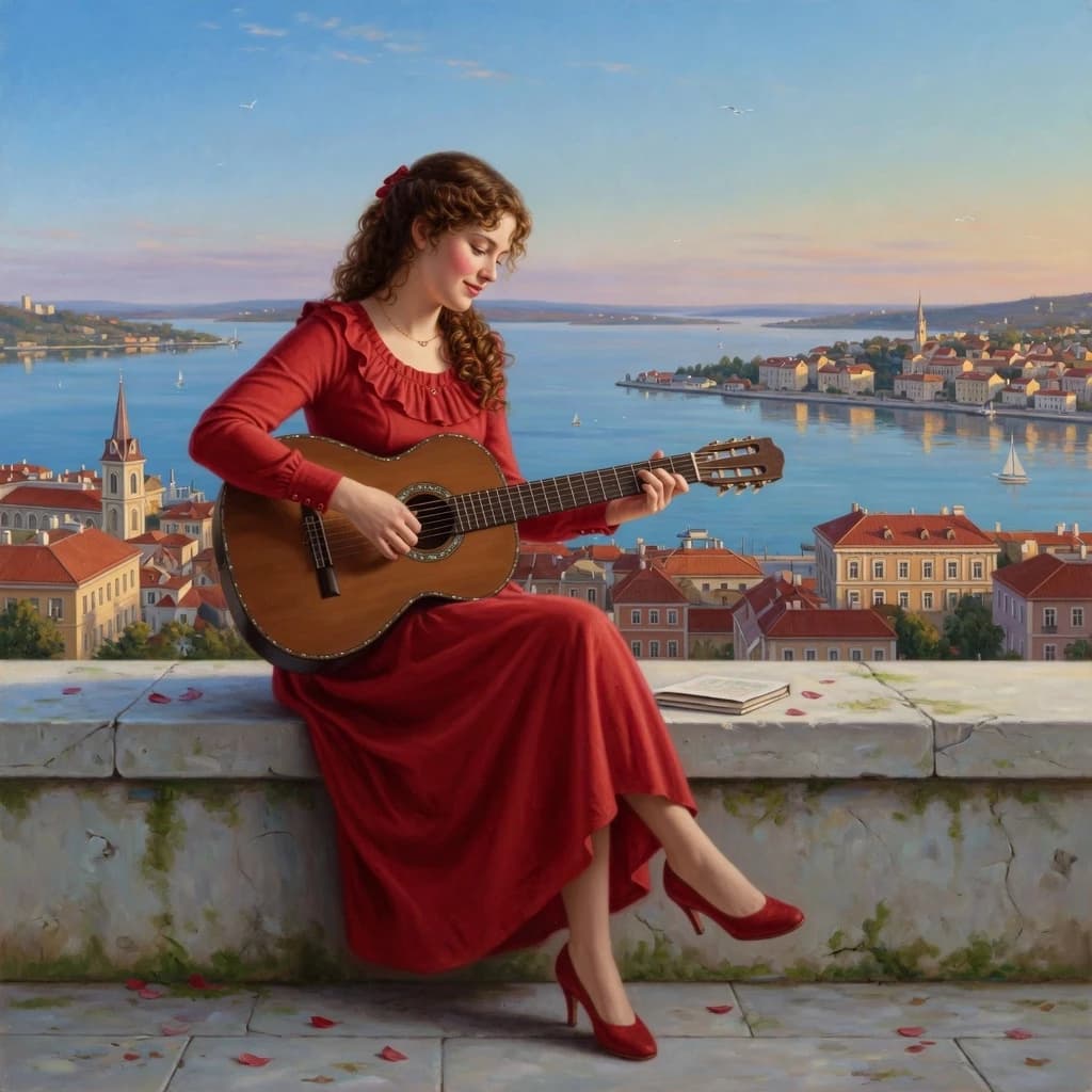 The image is a painting of a young woman sitting on a ledge with a guitar in her hands. She is wearing a long red dress with a high neckline and long sleeves. Her hair is styled in loose curls and she is wearing red high heels. The background shows a beautiful view of a cityscape with buildings and a body of water. The sky is blue and the overall mood of the image is peaceful and serene. The painting is done in a realistic style with vibrant colors and intricate details.