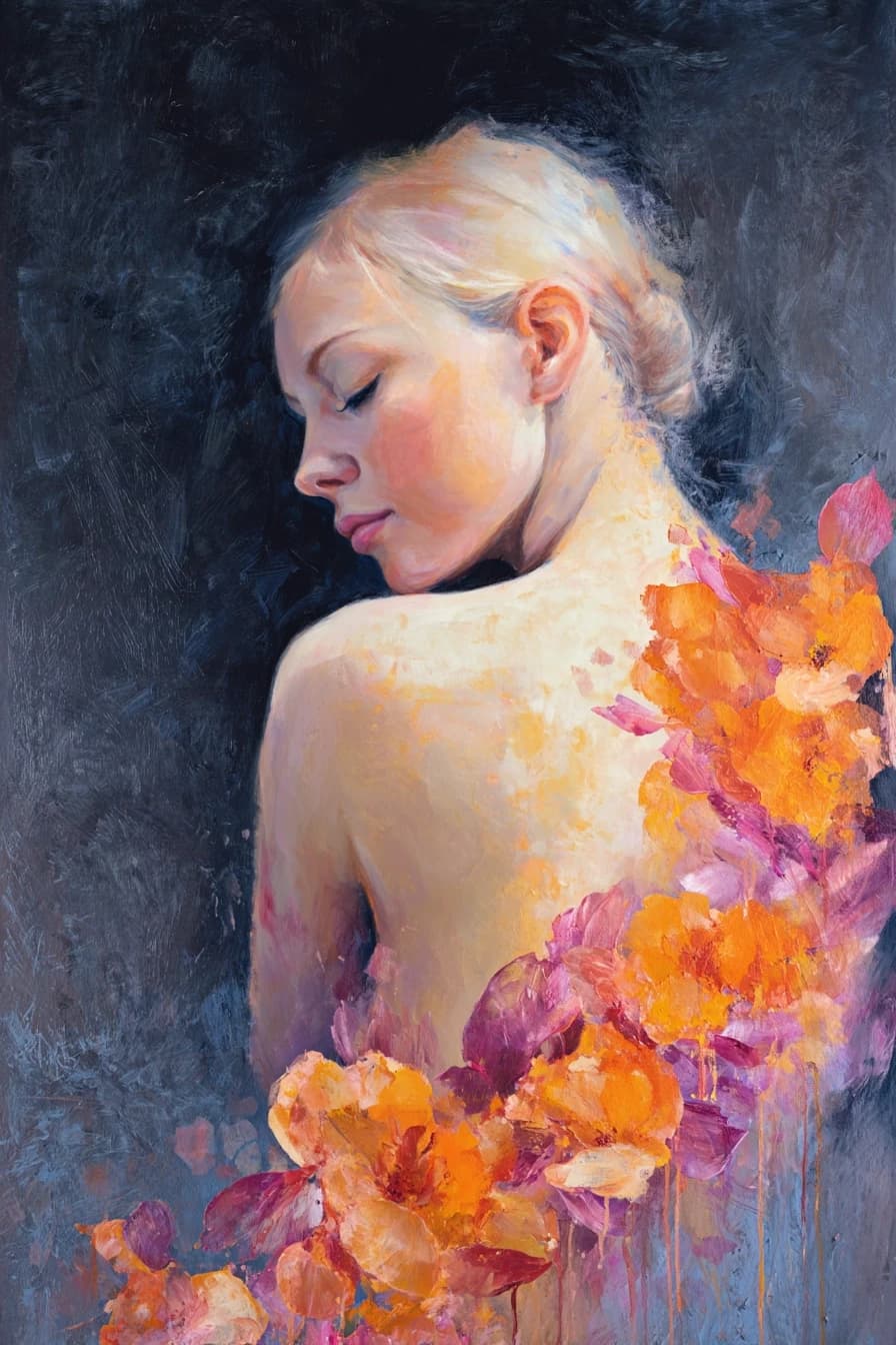 A mixed-media fine art portrait of a beautiful woman viewed from behind in soft profile, her eyes gently closed in calm introspection, with pale porcelain-like skin that glows luminously against the composition. Her serene face and graceful shoulder curves are highlighted by soft, dramatic lighting that emphasizes the delicate transitions between light and shadow. Across her back blooms a large, expressive floral composition in intense orange and vibrant pink petals, blended with touches of muted violet and warm ochre, the flowers appearing to grow organically from her skin in an abstract, painterly style. The background features deep textured dark grey with subtle abstract layers, while the piece showcases visible brush strokes, layered pigment, and slight impasto in the floral areas, with gentle paint drips adding emotional intensity to this intimate and powerful vertical composition.