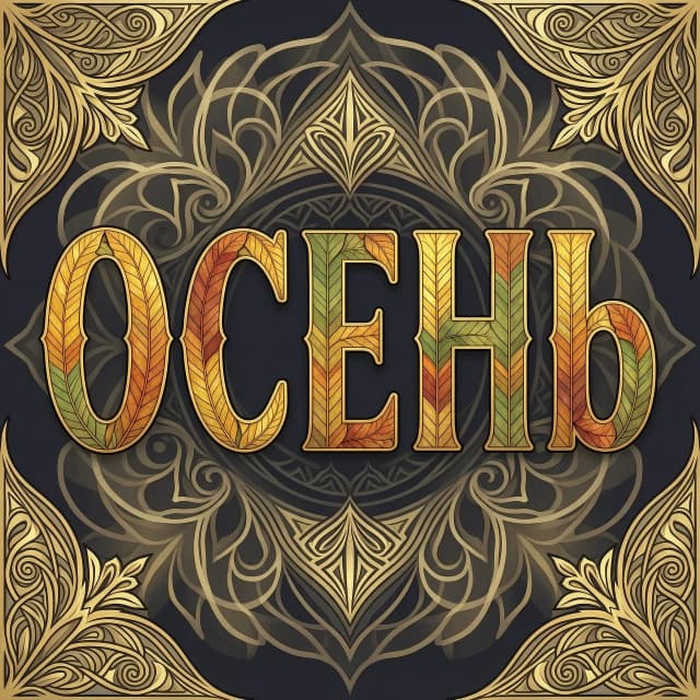 Digital image with double exposure and overlay of layers and textures. Vector graphics. The word "OCEHb" is made of gold, crimson and green skeletonized textured autumn leaves in various shades of yellow, orange, green and red. An unusual font made of autumn leaves. A very detailed and impressive font. Font and background contrast, fading, gradient. Background: a lot of dark with light ornaments. Delicate elements of the floral pattern. Gothic, decorative style, Art Nouveau. Abstract vector fractal pattern, Zentangle, Gothic, dark art. In the style of Alphonse Mucha, Gustav Klimt, Aubrey Beardsley and Roman Tirtov. High level of detail.