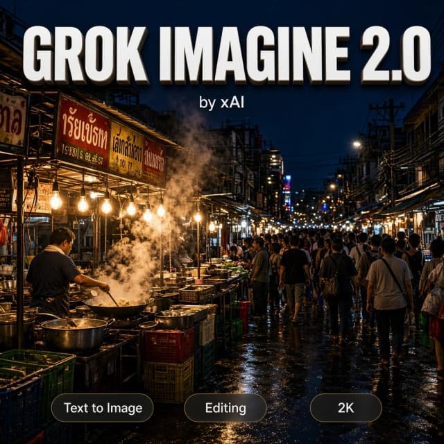 A highly detailed real-life documentary photograph of a packed night street food market in Bangkok, shot at eye level on a 35mm lens: steam rising off woks, hanging incandescent bulbs, dense crowd, stacked crates and hand-painted Thai signboards, wet pavement reflecting the lights, deep blue night behind the warm tungsten glow, natural grain, reportage photojournalism finish, believable proportions and real architecture. Cover layout on top of the photograph, which fills the frame edge-to-edge with no border and no mockup: bold clean modern 3D typography reading "GROK IMAGINE 2.0" across the top, crisp and perfectly legible, EXACTLY ONE line, appears only once, a small clean tag "by xAI" directly beneath it, and along the bottom edge one row of three small rounded badges labelled "Text to Image", "Editing", "2K". Nothing else is written anywhere.