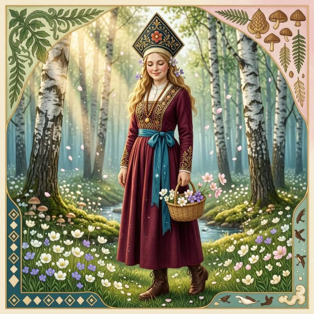 Russian Russians: A detailed portrait of a young woman of Slavic appearance from the 16th century in a traditional long Russian sundress and a traditional Russian cocoanut headdress, with blonde hair against the background of a spring blooming forest, in full growth. In the Glitter style: magical realism, natural symphony, shapes dissolve into color, lines flow like water, translucent layers with a watercolor texture, intricate ornaments at the corners of the composition.
High quality, 4k, octane, cinematic lighting, dramatic composition, eyes with increased detail, delicate skin texture, professional photography, depth of field, Leica camera, artstation trends, spectacular lighting, mystical atmosphere, detailed textures, volumetric lighting, works by Viktor Vasnetsov and Ivan Bilibin, gouache painting style, style Russian fairy tales, photorealism. An atmosphere of joy and serenity.