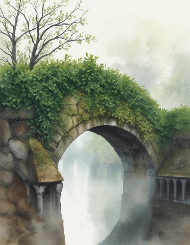 A masterpiece. Creating an image. The style is watercolor painting. Delicate watercolor on raw.((An ivy-covered stone bridge in the morning mist:1.6)). High resolution. High detail and clear texture. Intense close-up. High quality. Increased attention to small details. The aspect ratio is 3:4. The artists are Levitan, Shishkin.