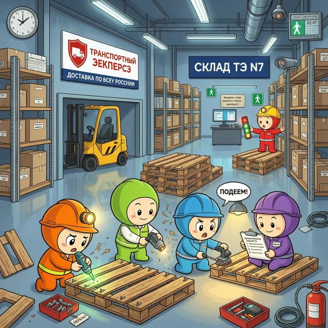 Нарисуй Фиксиков которые чинят паллеты на складе Транспортной компании ночной экспресс (логотип транспортной компании возьми в интернете)