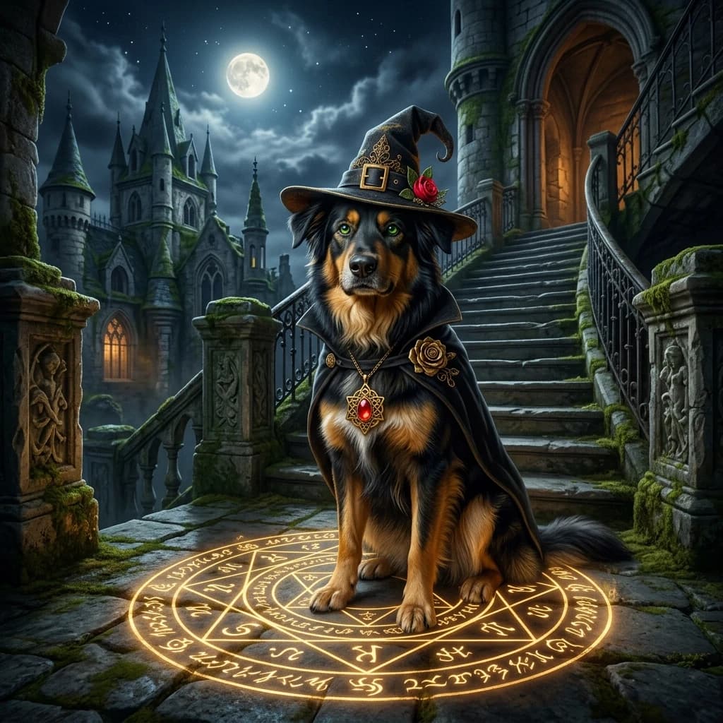 (Background):Moonlit night spires of an ancient stone building with moss growing between the stones. There is a dog sitting on a wide landing at the bottom of a stone staircase. In front of him is a golden magic circle. Magic runes are inscribed inside the circle, in calligraphic strokes (Dog): black and brown with golden markings, with green eyes. He is wearing a black cape with a pin in the shape of a rose. He wears a hat with a gold buckle and a red rose bud. There is a golden magic pendant with a red gemstone around her neck. (Style):art fantasy, shabby chic, rococo, baroque, art design, romance, close-up, double exposure, high quality, gradient, grace, outline, pen stroke, calligraphic handwriting, magical runes, secret writing, magic. Interior light, 4k, intricate details.