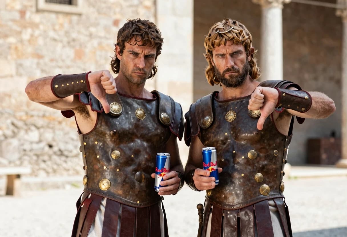 два древнеримских гладиатора стоят и держат в одной руке банку redbull а другой показывают жест большой палец вниз, с серьезным выражнием лица, на фоне солнечная погода