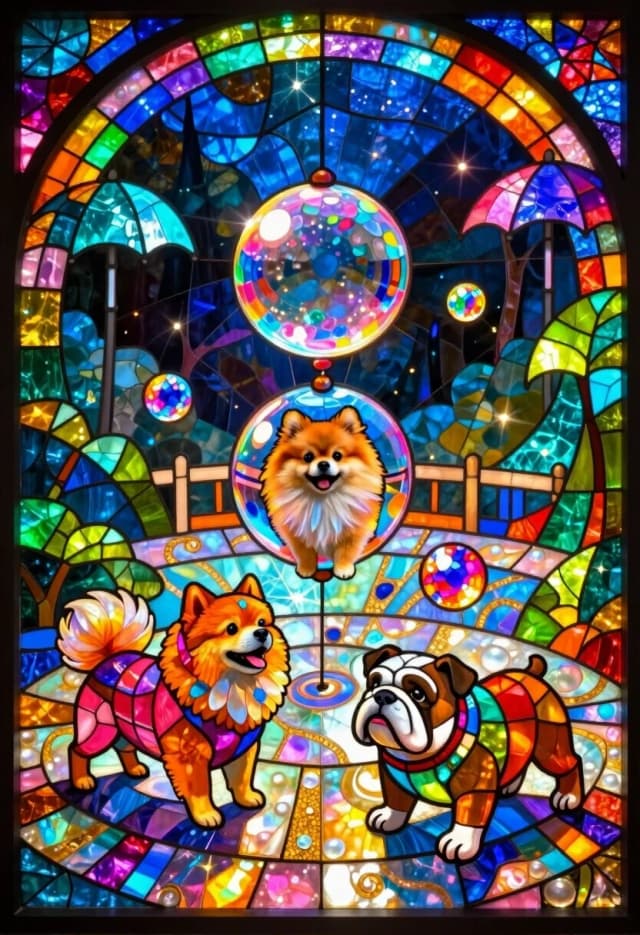 A breathtaking, colorful surreal mosaic mural rendered as a luminous stained glass window, depicting a whimsical and absurd dog talent show. The scene is a feast of vibrant colors: a small, fluffy Pomeranian is balanced on a floating iridescent bubble, while a clumsy Bulldog is attempting to juggle glowing, neon-colored crystal balls. The characters are composed of an explosion of multicolored glass tesserae—hot pinks, vivid oranges, and lime greens—creating a joyful, chaotic energy.The arena is a grand, circular plaza made of iridescent pearl-glass with intricate swirling patterns of gold and violet shards. Above them, a canopy of floating, kaleidoscopic glass umbrellas refracts light into a million tiny rainbows that bathe the entire scene in a prismatic, ethereal glow.The lighting is festive and bright, with internal luminescence making every crystal shard shimmer with its own inner light. Deep, contrasting shadows are used sparingly to define the rounded volumes of the dogs, making them pop against the brilliant, glowing background. The expressions on the dogs' faces are rendered with a high level of detail using microscopic glass shards, capturing a sense of pure, unadulterated joy and comical confusion.