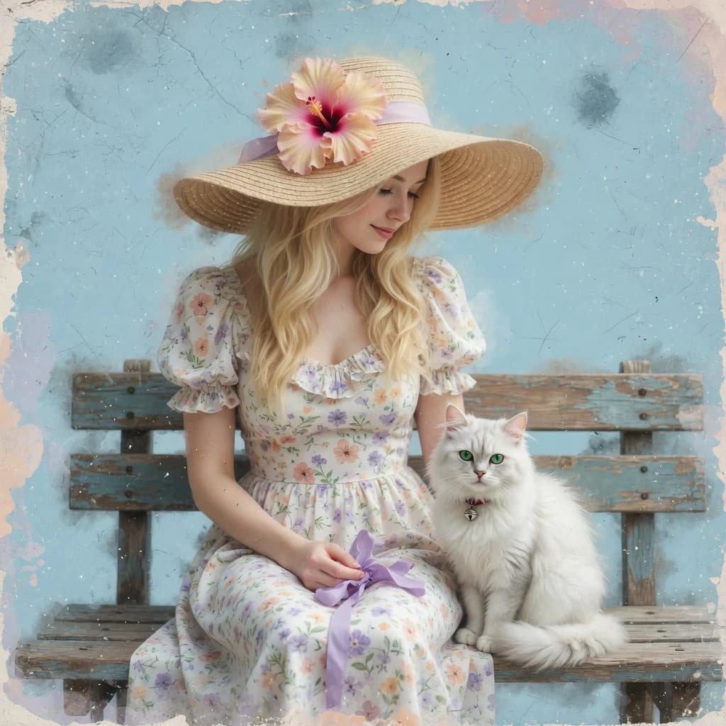 The image is a digital art piece that features a young woman with long blonde hair and a large straw hat with a large flower on top. She is wearing a white dress with a floral pattern and is sitting on a wooden bench. Next to her, there is a white cat with green eyes sitting on the bench. The background is a light blue color with a grungy texture. The overall mood of the image is dreamy and ethereal.