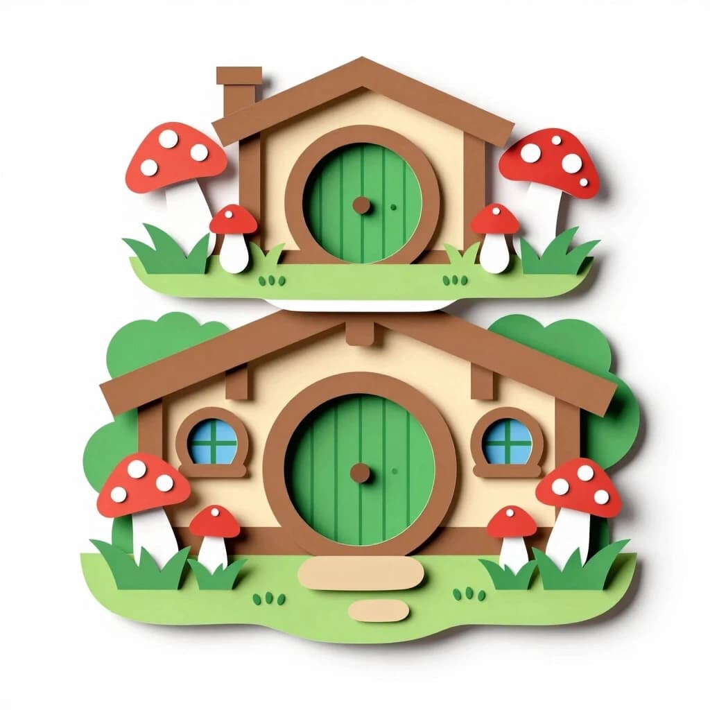 Cozy hobbit house with round green door, surrounded by mushrooms and flowers, multi-layered paper art style papertol, five distinct separated layers, clean sharp contours, isolated objects on solid white background, fantasy illustration, no overlapping elements, children's book cut-out style.