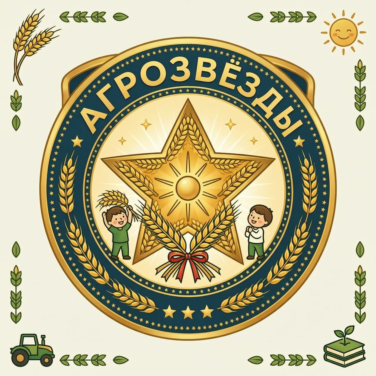 Эмблема с названием АГРОЗВЁЗДЫ. На эмблеме должна быть звезда, колосья ( Или звезда из колосьев), что- то сельскохозяйственное и могут быть дети. Эмблема должна быть яркая. В словах не должно быть ошибок, должно быть только одно слово АГРОЗВЁЗДЫ. Буквы должны быть русскими
