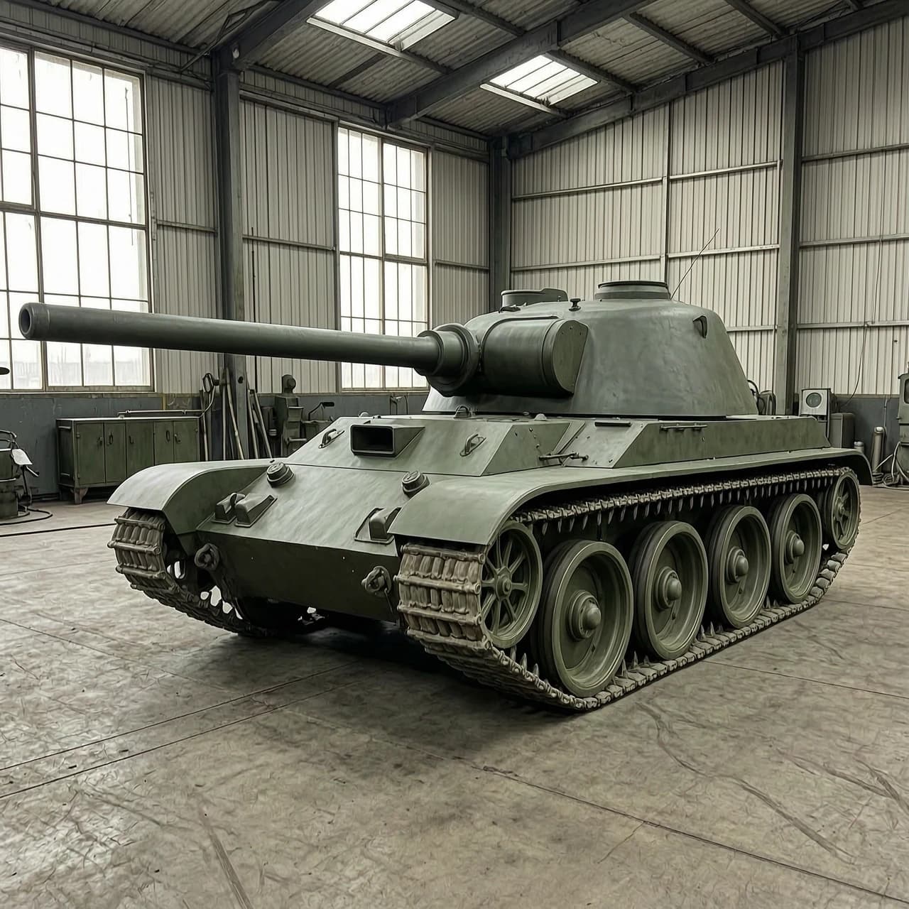 A realistic military photo of a Soviet T-44 tank hull, but heavily modified for a rear-turret layout. The low-profile, sleek hull of the T-44 is clearly recognizable with its distinctive flat armor plates and five road wheels on each side. A modified large Soviet rounded cast turret is mounted at the very rear. The tank is armed with an incredibly long, straight, slender 152mm gun barrel that stretches far forward over the entire hull, featuring a distinctive cylindrical bore evacuator in the middle. Painted in plain Soviet military dark green, standing inside a hangar.