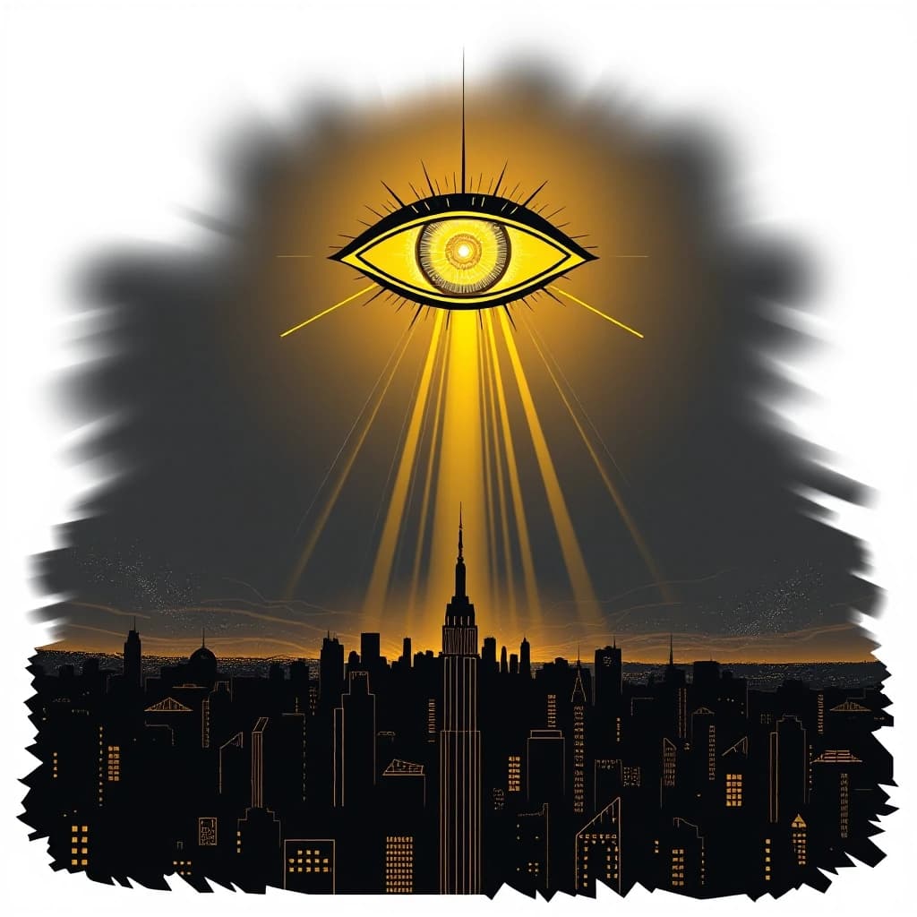 A giant celestial eye in the sky above a dark city silhouette, golden light beams descending, comic book style with cinematic dramatic lighting, dark graphic novel aesthetic, bold black outlines, mystical and powerful, no text, no words, 4k