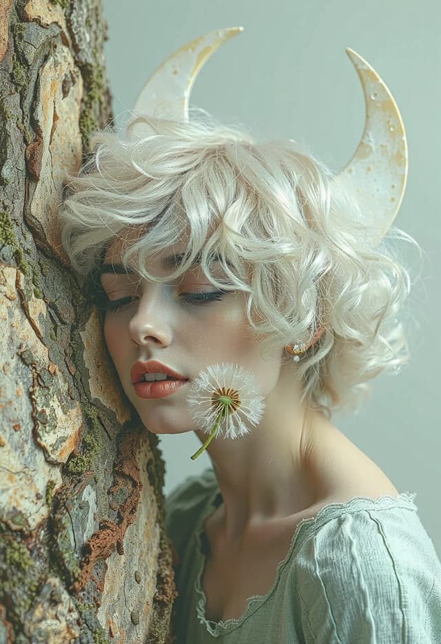 Description: Photorealistic detailed concept art in a minimalist style, various textures, stone and bark, aesthetic, attractive white albino woman looking down, mint lips, conceptual mint color and white, recording, really huge white hair curly hair white dandelion, perforated pages, French hairstyle, woman and giant mint crescent moon, mint background.