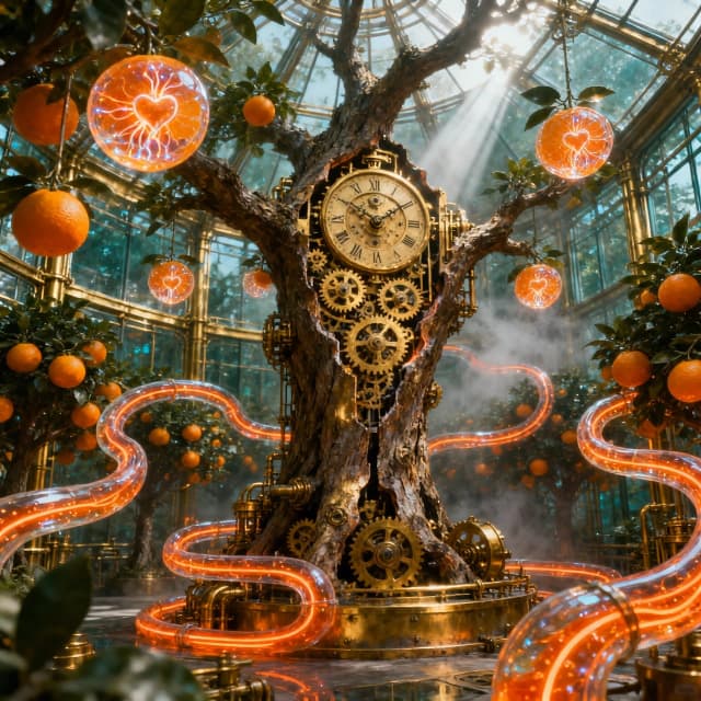Monumental, hyper-realistic cinematic wide shot captured inside a surreal, futuristic steampunk conservatory crafted from polished brass and structural glass. The environment is a dense labyrinth of thousands of glowing, ripe orange trees seamlessly integrated into a complex network of transparent, winding glass tubes. Through these tubes, a vibrant, neon-orange bioluminescent fluid pulses like lifeblood. At the composition's epicenter stands a colossal hybrid sentinel tree; its ancient, textured bark is dramatically fracturing to reveal a massive, intricate internal clockwork mechanism made of polished gold gears, spinning brass cogs, and rhythmic, ticking escapements. Hanging from the branches are hybrid oranges with translucent, gelatinous rinds, revealing glowing fiber-optic neural networks and tiny, pulsing mechanical hearts within their pulp. The lighting follows a dramatic Stanley Kubrick aesthetic: high-contrast chiaroscuro with volumetric God rays piercing through a heavy, mist-covered glass ceiling, creating a hazy, atmospheric depth. Sharp focus on the mechanical textures, macro-detail on the golden gears and citrus translucency, 8K resolution, photorealistic biomechanical masterpiece, intricate textures of oxidation and polished metal, cinematic color grading with warm amber and deep teal tones. --ar 16:9
