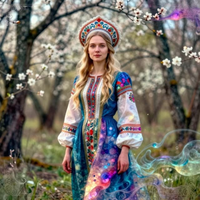 Russian Russians: A detailed portrait of a young woman of Slavic appearance from the 16th century in a traditional long Russian sundress and a traditional Russian cocoanut headdress, with blonde hair against the background of a spring blooming forest, in full growth. In the Glitter style: magical realism, natural symphony, shapes dissolve into color, lines flow like water, translucent layers with a watercolor texture, intricate ornaments at the corners of the composition.
High quality, 4k, octane, cinematic lighting, dramatic composition, eyes with increased detail, delicate skin texture, professional photography, depth of field, Leica camera, artstation trends, spectacular lighting, mystical atmosphere, detailed textures, volumetric lighting, works by Viktor Vasnetsov and Ivan Bilibin, gouache painting style, style Russian fairy tales, photorealism. An atmosphere of joy and serenity.