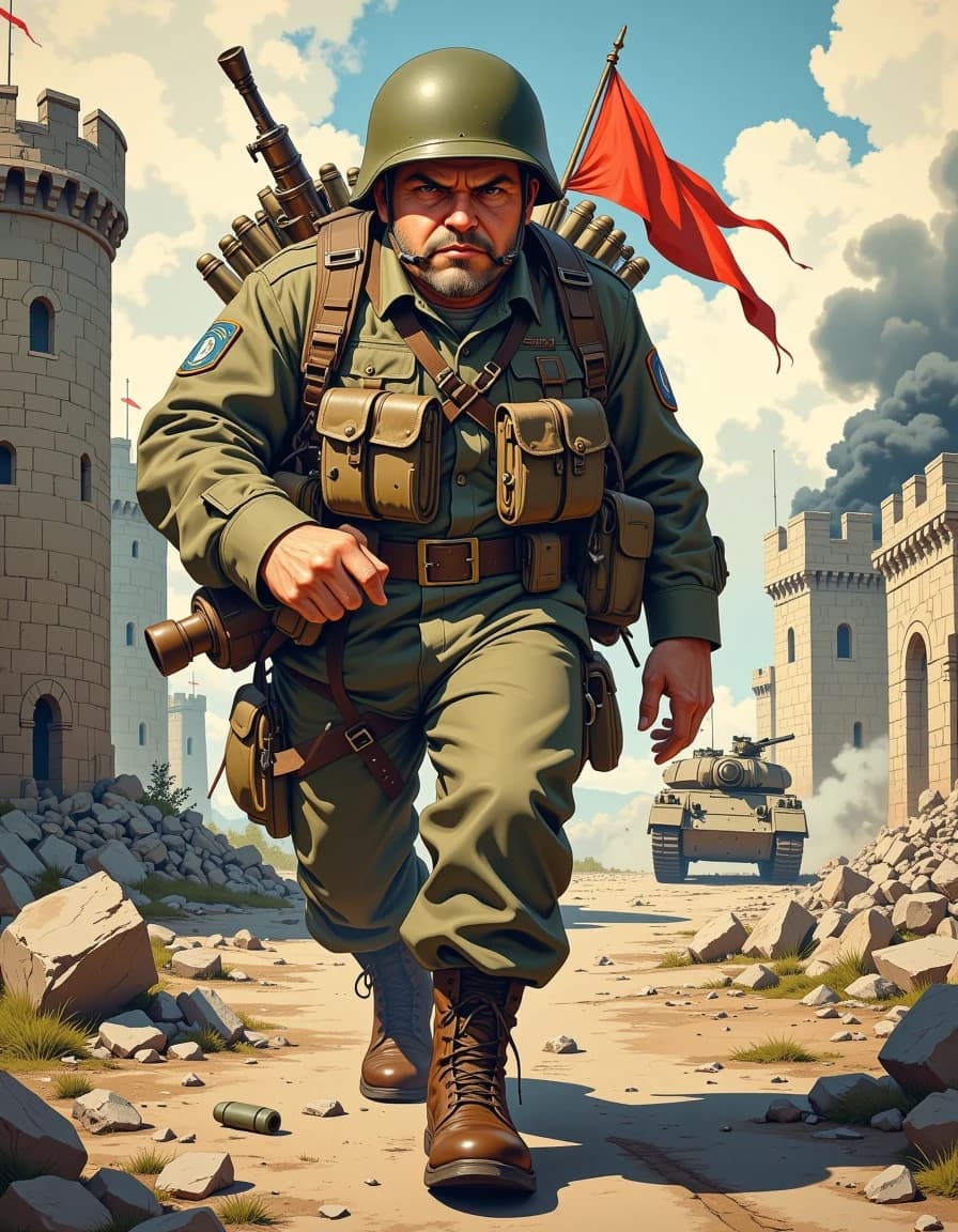 A masterpiece, in the style of the 1980s, with bold lines, dynamic strokes and rich textures, on background with a touch of nostalgia, perhaps with subtle drawings inspired by cellulose and vintage, worn textures similar to paper, oil painting, Hyper-detailed caricature of a determined male soldier with an oversized expressive head and furrowed brow, three-quarter view, low-angle perspective, mid-step marching toward viewer; wearing an olive-green vintage military uniform and helmet with chin strap, strapped with an overloaded backpack containing rockets, mortar rounds, rifle, ammo belts and a small waving tricolor flag; heroic yet humorous pose, exaggerated proportions (large head, compact body, big polished boots). Background: ruined stone castle towers on left, smoking rubble, a tank on the right, scattered shell casings and debris. Style: high-end digital painting with crisp linework, glossy specular highlights, subtle painterly brush textures, realistic fabric and metal scratches, rich vibrant colors, dramatic 3-point lighting, shallow depth of field, cinematic contrast, soft atmospheric smoke. Composition: dynamic motion blur on boots, detailed facial expression, intricate accessory details (pouches, straps, grenades), 35mm wide-angle feel, high resolution, cinematic poster quality. celshading, simple background