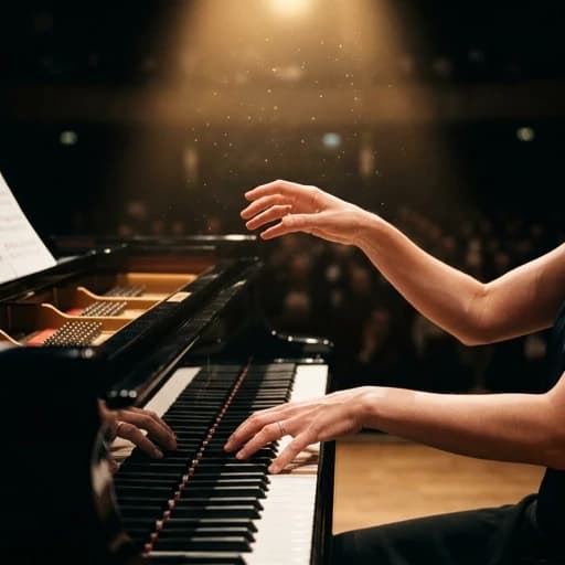 Photorealistic close-up of a pianist's hands performing on a grand piano on a dark concert stage. The hands are gracefully pressing the keys, with one hand raised in a moment of musical expression. Dramatic cinematic lighting, a single warm golden spotlight illuminates the hands and keys from above. The background is dark and moody with a beautiful bokeh effect. Magical dust particles are floating in the light beam. High contrast, sharp focus, professional concert photography, intimate and powerful atmosphere.