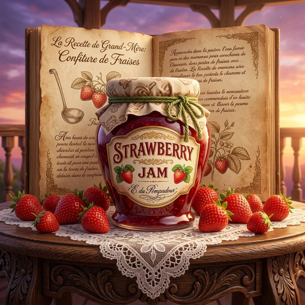 In the center of the composition is a large glass jar with jam. It has a characteristic shape: a wide bottom and a tapering neck. The jar is covered with a beige cloth lid, which is tied with a green string. There is a bright label on the jar itself. In the upper part, "STRAWBERRY" is written in large letters, and under this word, in a smaller font, "JAM". Two small strawberries are painted on the sides of the inscription. The label is decorated with the artist's signature, which looks like an autograph, but it is very stylized and difficult to read. The jar stands on a wooden carved tea table. A small white lace tablecloth is spread out on the table. The edge of the lace tablecloth frames the composition from below. Strawberries of various sizes are scattered around the perimeter of the jar. All of them are bright red, with yellow seeds and green sepals. The backdrop for this whole scene is an open recipe book. Its pages are made in warm colors, imitating antique parchment. The text on the pages is made in a beautiful font in a fabulous style. The entire image is surrounded by a sky colored in shades of sunset: purple, orange, pink. This creates a cozy, homely atmosphere, as if the scene is taking place on the veranda at the end of a warm day. (Style): art design, Rococo, Baroque, still life, double exposure, close-up. The inner light. High quality, 4k resolution, intricate details.