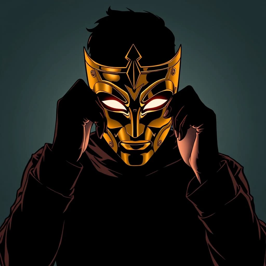 A human silhouette removing a golden mask, revealing a bright face underneath, comic book style with cinematic dramatic lighting, dark graphic novel aesthetic, bold black outlines, no text, no words, 4k