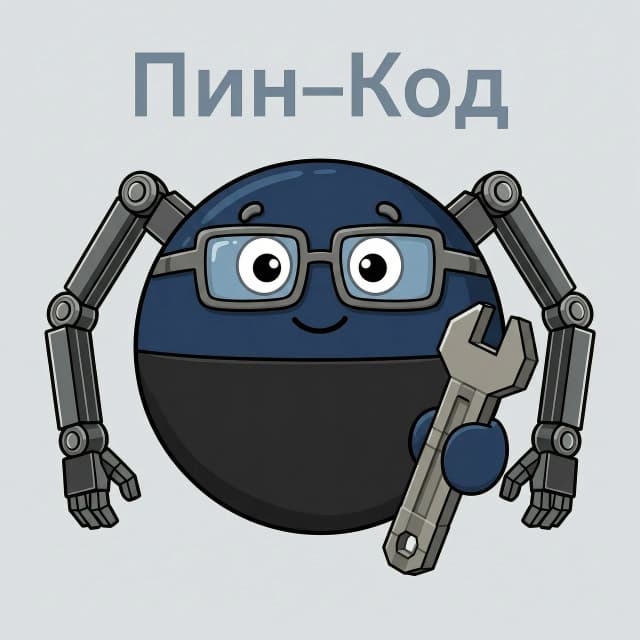 нарисуй Пин из мультсериала „Смешарики“, узнаваемый образ, круглая форма, сине‑чёрный окрас, характерная поза. На нём чёткие инженерные очки, плотно сидящие на глазах. В лапе — гаечный ключ из мода Create для Minecraft: прорисованы текстура и детали, будто это предмет из игры. Сзади — чёрные робо‑руки, технологичные, не закрывают Пина. На фоне едва виден полупрозрачный логотип „Пин‑Код“, как лёгкая тень. Стиль — качественная 2D‑иллюстрация в духе мультсериала, яркие, но спокойные цвета. Квадратный кадр 512×512, аватарка. Фокус строго на Пине. Никаких лишних предметов, никаких ботинок, без надписей и текста.»