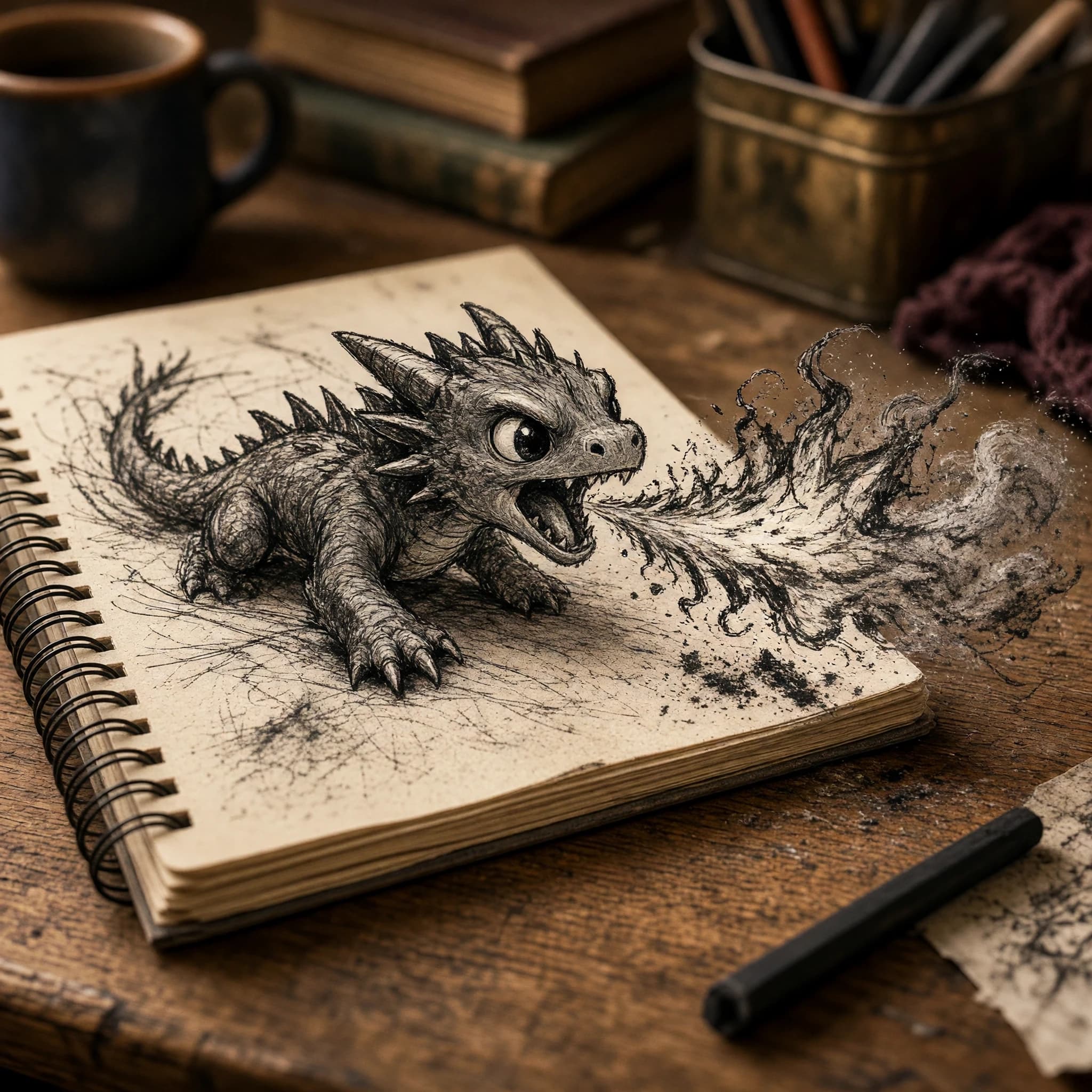A highly detailed professional photograph of a cozy cluttered wooden desk. A tiny chibi dragon, hand-drawn onto a real paper notebook in rough smudged charcoal pencil, has physically come to life: the flat 2D charcoal dragon has crawled partially off the page, and from its open mouth bursts a stream of fire rendered in the same rough expressive charcoal style.