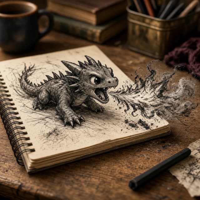 A highly detailed professional photograph of a cozy cluttered wooden desk. A tiny chibi dragon, hand-drawn onto a real paper notebook in rough smudged charcoal pencil, has physically come to life: the flat 2D charcoal dragon has crawled partially off the page, and from its open mouth bursts a stream of fire rendered in the same rough expressive charcoal style.
