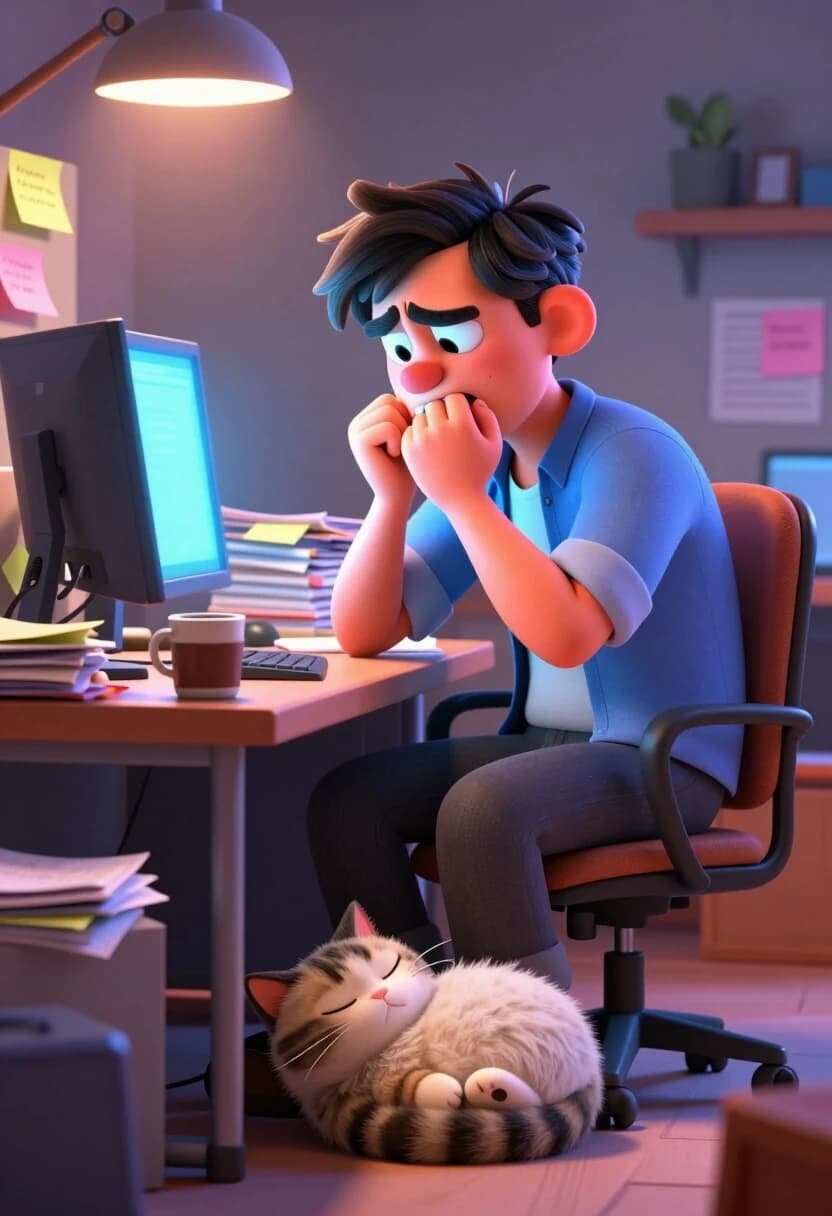 A high-end 8k 3D stylized render in the style of Pixar. An adult man with a tired, anxious expression is sitting at a cluttered office desk in front of a glowing computer monitor. He is captured in a funny, stressed pose, intensely biting his nails with a look of deep concentration and panic. The office is filled with detailed props: piles of papers, a half-empty coffee mug, and colorful sticky notes. Under the desk, in a cozy shadow, a fat, fluffy cat is fast asleep, completely oblivious to the man's stress, curled into a perfect, soft ball. Lighting: a mix of cool blue light from the screen and warm office overhead lights, creating a cozy but tense atmosphere. Extreme detail on the skin textures, the fabric of the office shirt, and the ultra-soft, volumetric fur of the sleeping cat. Cinematic depth of field, humorous atmosphere, vibrant colors.