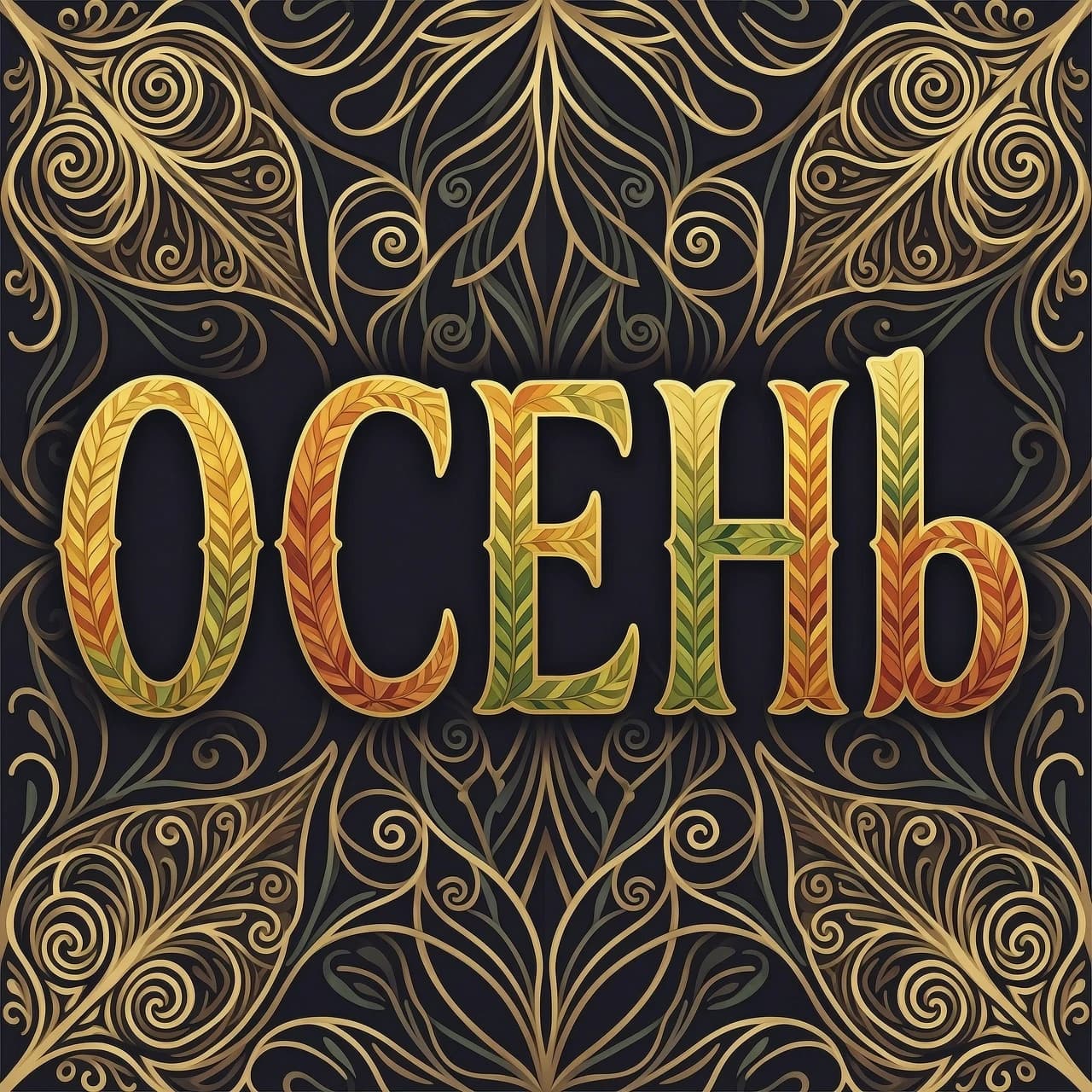 Digital image with double exposure and overlay of layers and textures. Vector graphics. The word "OCEHb" is made of gold, crimson and green skeletonized textured autumn leaves in various shades of yellow, orange, green and red. An unusual font made of autumn leaves. A very detailed and impressive font. Font and background contrast, fading, gradient. Background: a lot of dark with light ornaments. Delicate elements of the floral pattern. Gothic, decorative style, Art Nouveau. Abstract vector fractal pattern, Zentangle, Gothic, dark art. In the style of Alphonse Mucha, Gustav Klimt, Aubrey Beardsley and Roman Tirtov. High level of detail.