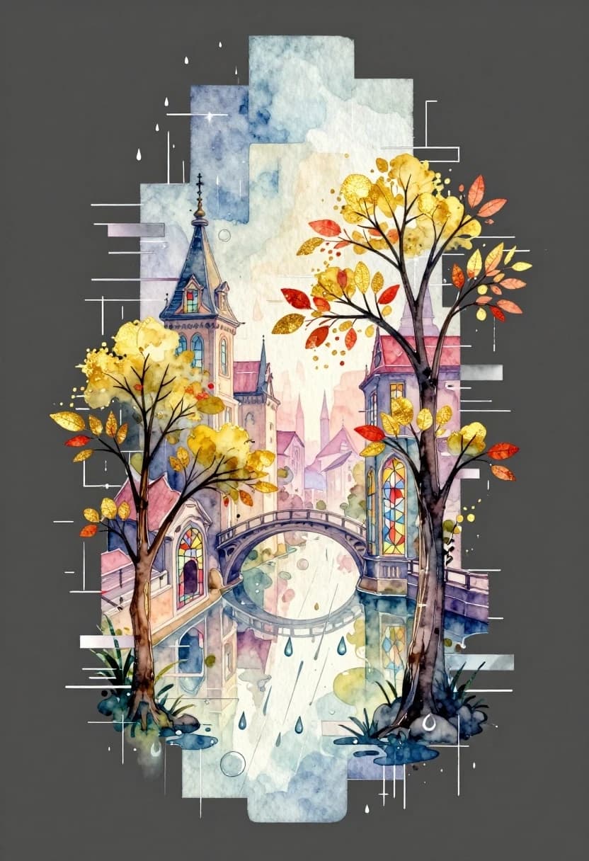 A watercolor painting is a logo or tattoo on a dark gray background with a gradient. Art Deco. A vertical composition with a striking glitch effect. Visible texture of the canvas or textured watercolor paper. Glitch art: everything consists of squares, with digital interference and distorted visual effects. An unusual fairy‑tale city in the Renaissance style. Beautiful, unusual, with stained‑glass windows, bridges, and towers. Elegant, branched trees with yellow and red leaves. Slanting streams of rain. Raindrop circles in puddles. Created in a digital format. Vertical decorative composition. Everything consists of squares with digital interference and distorted visual effects. Pastel, powdery shades. Deep shadows. Black lines drawn with a pencil or charcoal emphasize the main elements. Watercolor effects. The accents made of gold leaf, bright and shiny, emphasize the important elements.