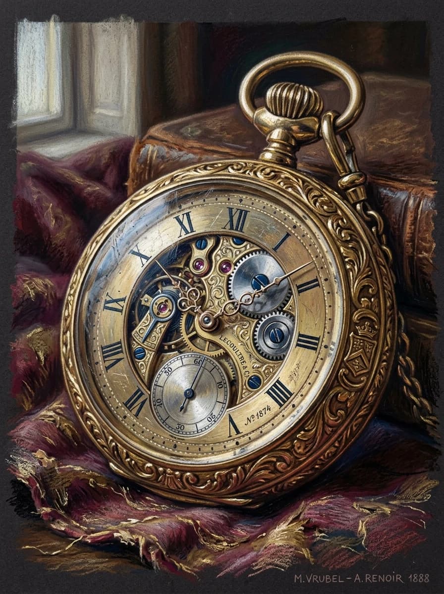 A real masterpiece. How artificial intelligence would depict: ((Aesthetics: a drawing made in pastel technique. An image of an antique pocket watch)). Intense close-up. High resolution. High quality. Increased attention to small details. Hyperrealistic style of surrealism, impressionism. Increased attention to the smallest details and texture. The author is Auguste Renoir, Vrubel.