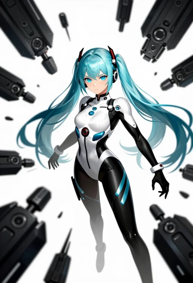 (lacia beatless:1.3), beatless, 1girl, solo, android, very long hair, hair down, (ice blue hair, light silver-blue hair:1.2), blunt bangs, black mechanical hair ornaments, (dark blue eyes, indigo eyes:1.2), expressionless, wearing futuristic white and black hIE bodysuit, surrounded by floating huge black mechanical weapon parts Black Monolith, dynamic action pose, masterpiece, high quality anime, digital art, illustration by redjuice, smartphone wallpaper