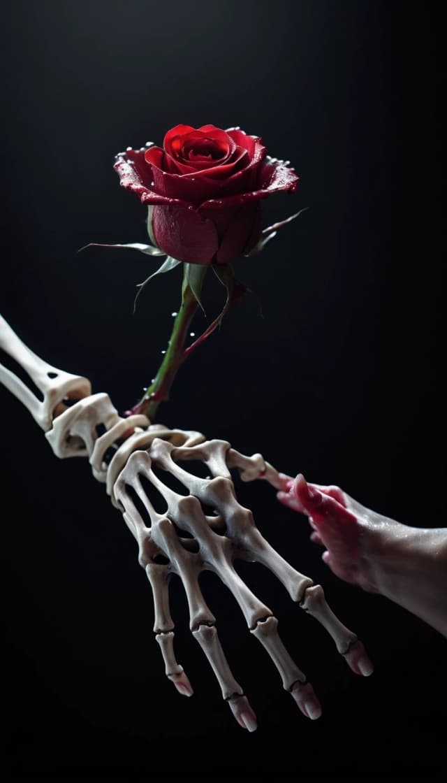 Masterpiece. best quality. Epic. cinematic. Award winning. Ultra detailed. dramatic. attention-grabbing. challenge winning. A skeletal hand delicately holds a single, perfect crimson rose, its petals glistening with dew. The background is a deep, velvety black, with subtle hints of ethereal light catching the bone. This image captures a moment of fragile beauty amidst decay, rendered in a stark, painterly style with strong chiaroscuro to emphasize the contrast between life and death, leaning into surrealism.