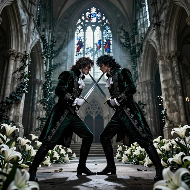 A cinematic neo-gothic noir scene, 8k RAW. Two rival swordsmen in ornate, tattered Victorian velvet uniforms, locked in a deadly stalemate in the ruins of a colossal gothic cathedral. Their rapiers are crossed in a sharp X, sparks flying from the steel. They are standing so close that their foreheads almost touch, eyes locked in a gaze of intense hatred and unspoken recognition. The environment is moody and atmospheric: crumbling grey stone arches, overgrown dark ivy, and thousands of white lilies covering the floor. Lighting: a single, dramatic shaft of pale moonlight piercing through a broken stained-glass window, creating high contrast and deep, velvety shadows. Shot on Arri Alexa, low angle, moody color palette of deep emerald, silver, and charcoal, extreme tension, tactile textures of fabric and cold steel.