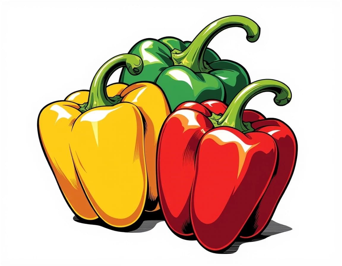 A masterpiece, A high-quality, professional vector-style illustration of three whole bell peppers—one yellow, one bright green, and one vibrant red—arranged in a cluster against a clean white background. The art style features bold, clean black outlines with classic cross-hatching and stippled shading techniques that evoke a vintage culinary engraving or a sophisticated comic-book aesthetic. Each pepper is rendered with smooth, saturated color gradients, featuring prominent white highlights to suggest a glossy, fresh skin texture. The composition is balanced and illustrative, emphasizing the organic curves and segmented lobes of the vegetables, with stems depicted in a lighter, realistic green hue. The overall mood is bright, cheerful, and appetizing, characterized by a flat, modern design sensibility mixed with traditional manual drafting techniques, perfect for food-related branding or editorial graphics.. celshading, simple background